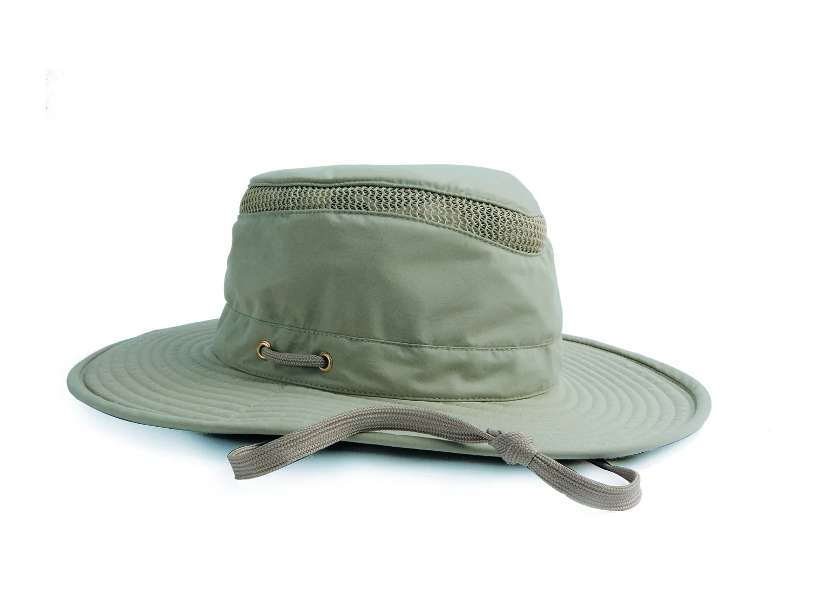 An olive Tilley Airflo hat with a mesh band round the crown, brass grommets and a chin cord, on a white background.