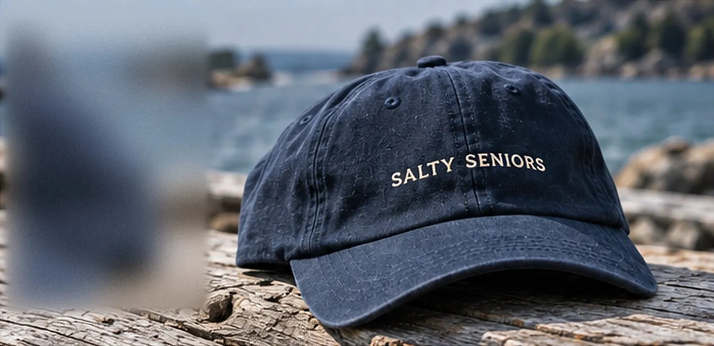 A navy cap embroidered with "Salty Seniors" resting on a weathered dock by the sea.