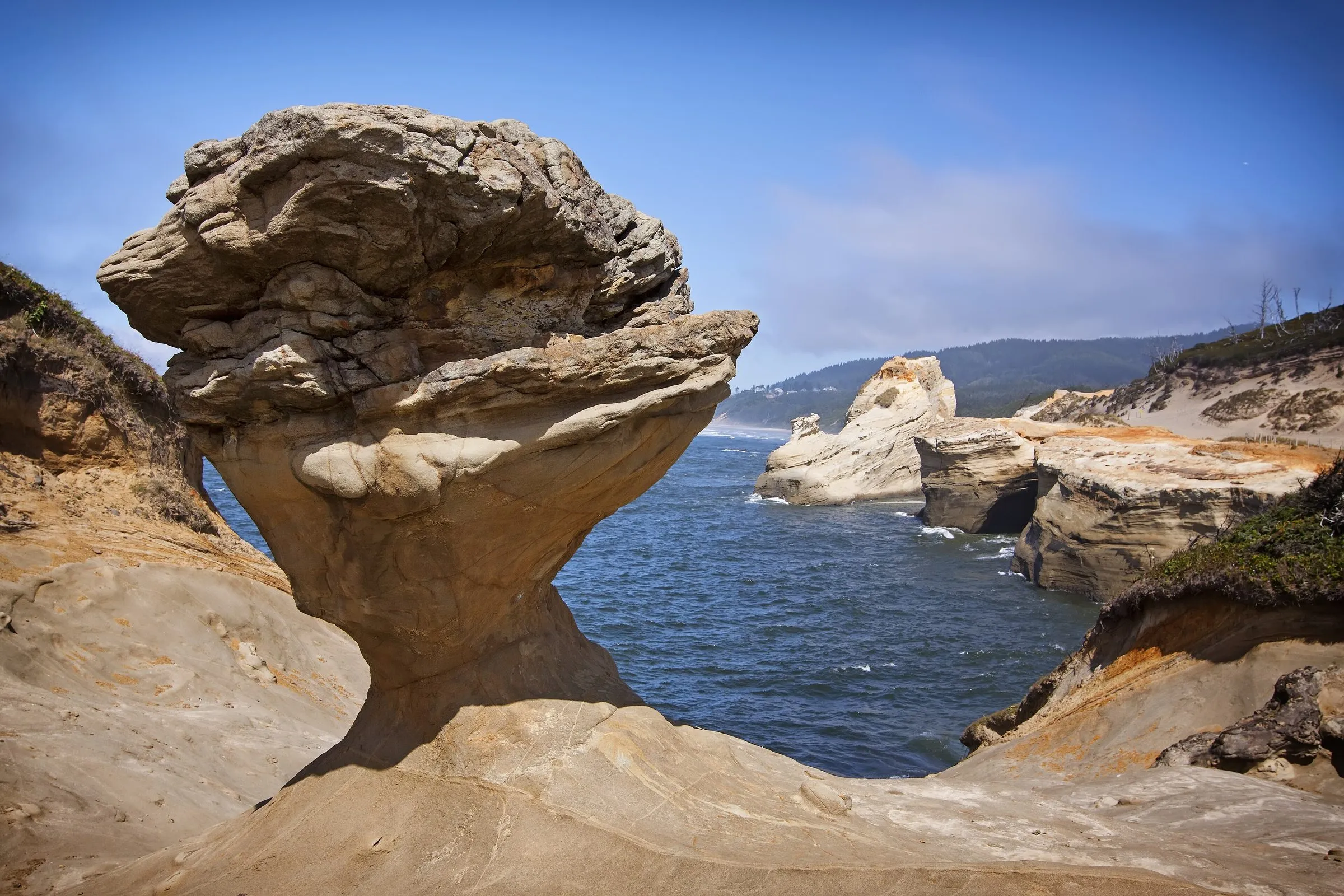The Duckbill, a mushroom-shaped sandstone pedestal at the edge of Cape Kiwanda, with the sea and more sandstone cliffs behind.