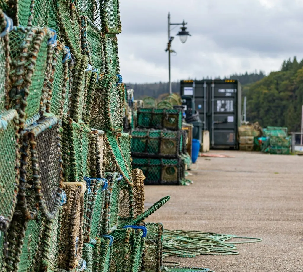 Green creels stacked high along Tobermory pier, with coils of rope on the ground and a harbour lamp post behind.