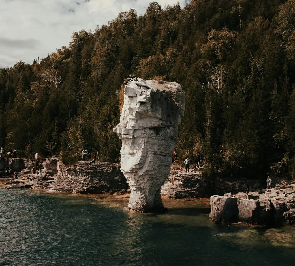 A limestone sea stack shaped like a flowerpot stands at the water’s edge on Flowerpot Island, with forest behind it.