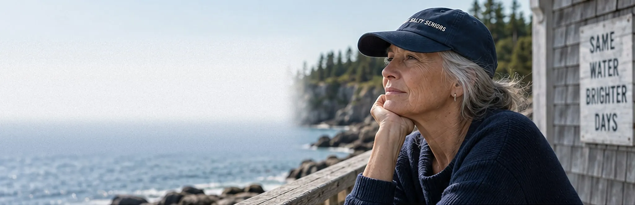 A woman in a Salty Seniors cap rests her chin on her hand, gazing out over a rocky coastline.