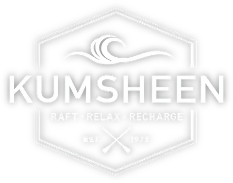 Kumsheen logo. A hexagon badge with a wave, crossed paddles and the words Raft, Relax, Recharge, established 1973.