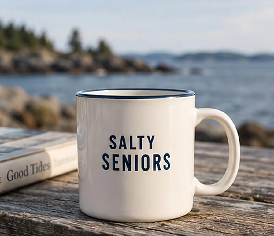 A white mug with a navy rim reading "Salty Seniors" on a table overlooking the water.