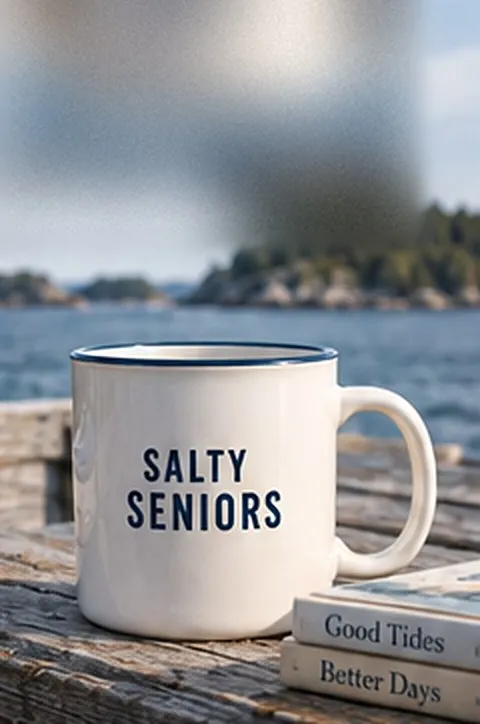 A white mug with a navy rim reading "Salty Seniors" on a table overlooking the water.