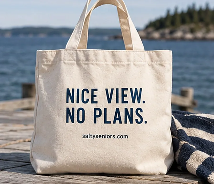 A natural canvas tote bag printed with "Nice view. No plans." on a seaside dock.