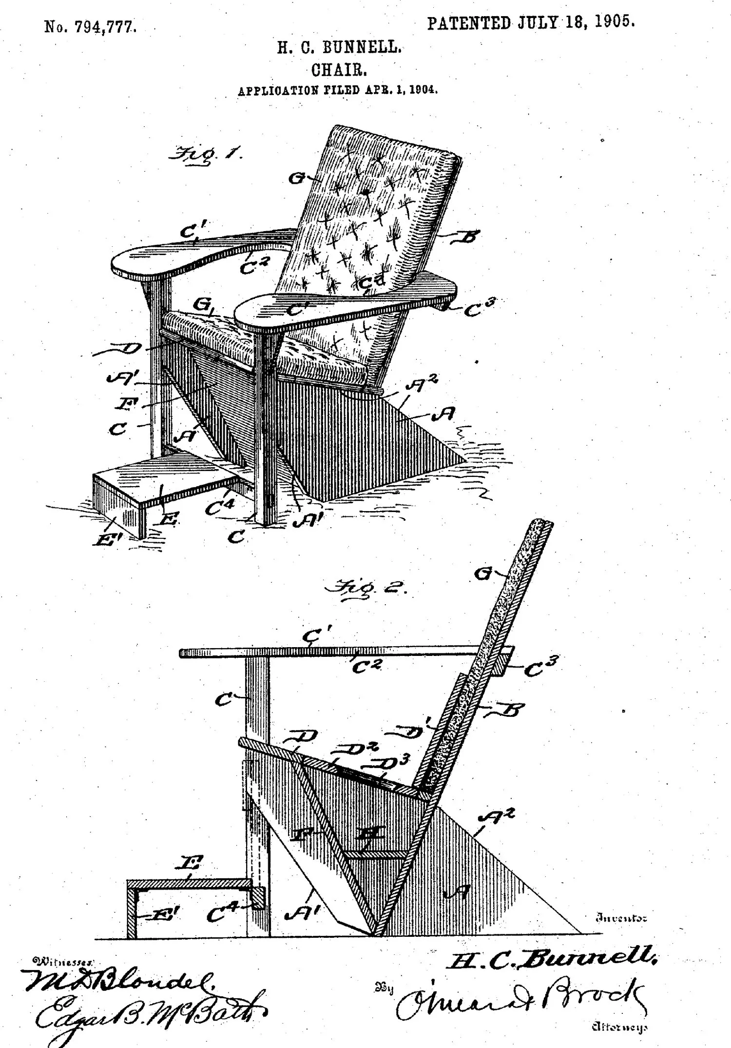 The drawing page of U.S. patent 794,777, showing a plank chair with wide arms, a cushioned back and a hinged footrest, signed H. C. Bunnell.