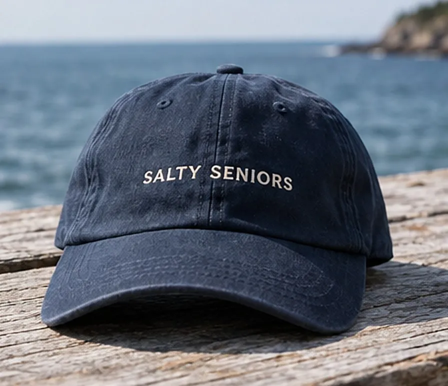 A navy cap embroidered with "Salty Seniors" resting on a weathered dock by the sea.