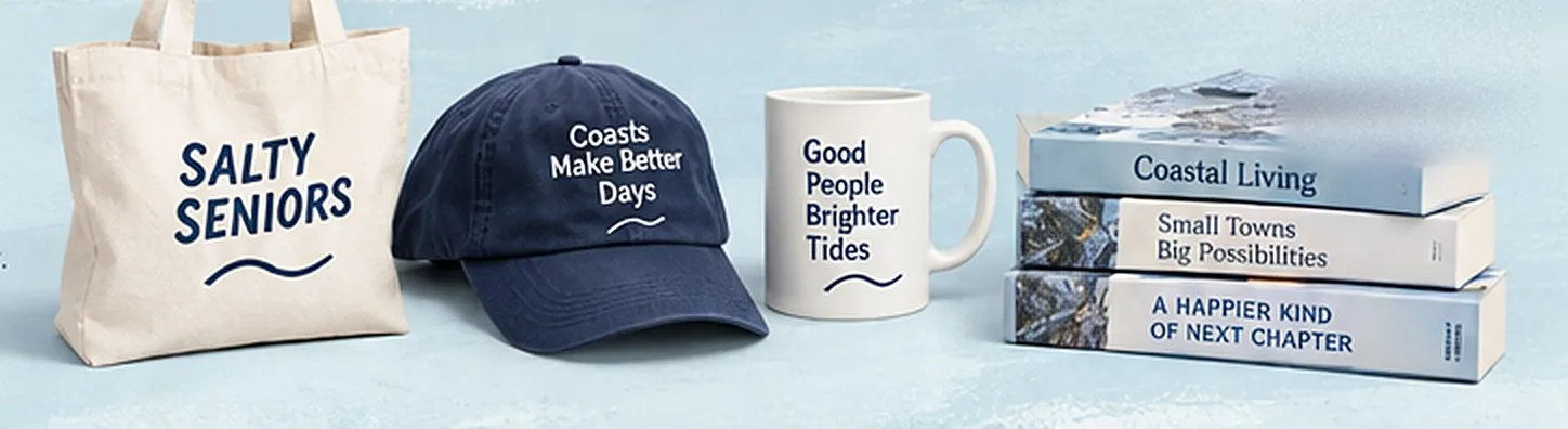 A canvas tote, navy cap, mug and a stack of books from the Salty Seniors shop.