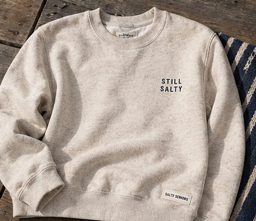 An oatmeal crewneck sweatshirt printed with "Still Salty", laid flat on a wooden deck.