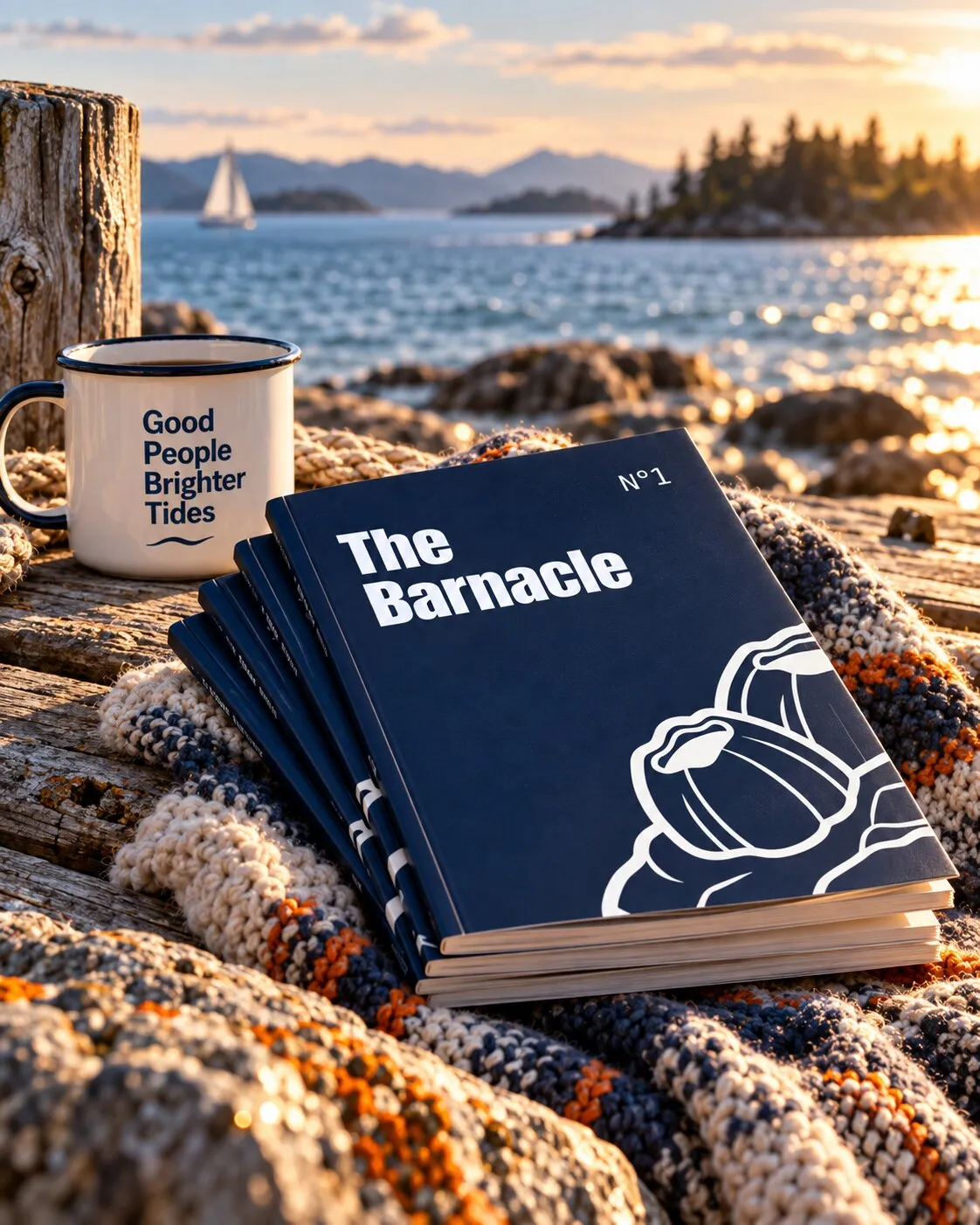 A stack of The Barnacle Nº1 on a knitted blanket at sunset, next to an enamel mug.