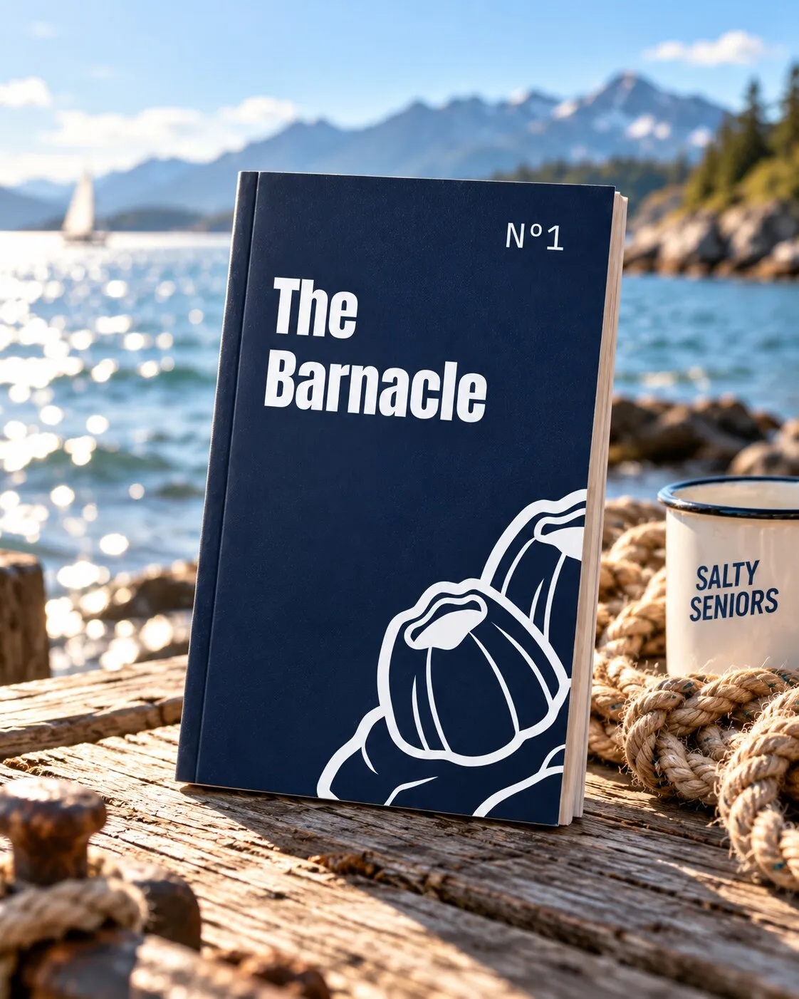 The navy cover of The Barnacle Nº1, with a white line-drawn barnacle, standing on a sunlit dock beside a coil of rope and a Salty Seniors enamel mug.
