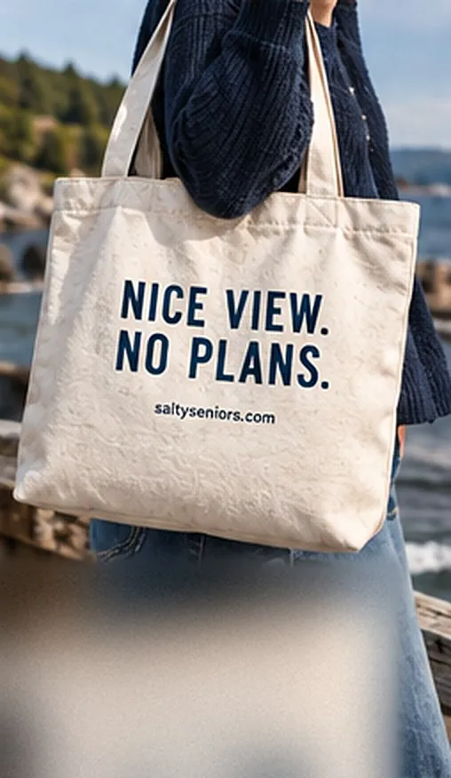 A natural canvas tote bag printed with "Nice view. No plans." on a seaside dock.